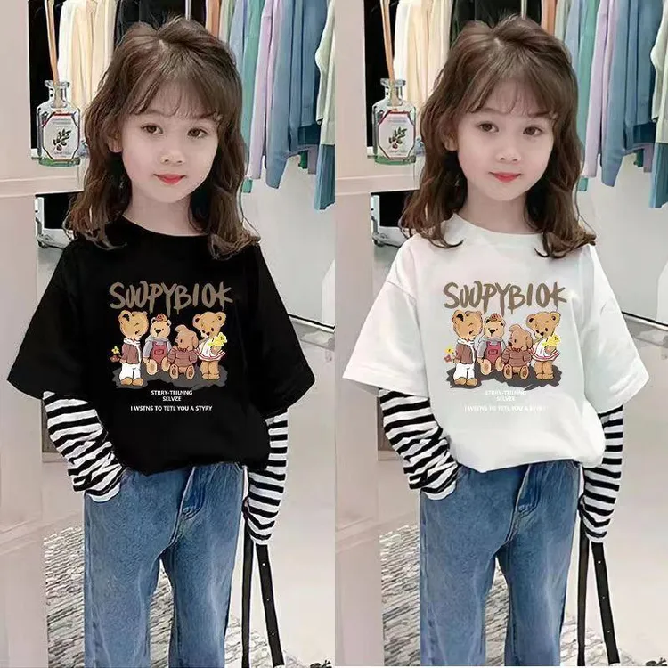 儿童纯棉假两件长袖T恤春秋新款男女宝宝条纹打底衫儿童洋气上衣