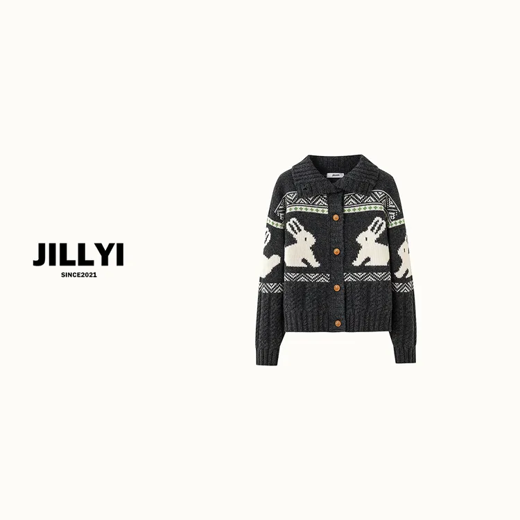 JILLYI【圣诞小兔】灰色半开领小白兔图案少女风时尚针织开衫