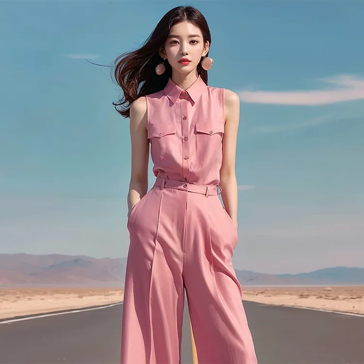 夏季高冷御姐风粉色无袖时尚套装超好看设计感高端精致直筒两件套
