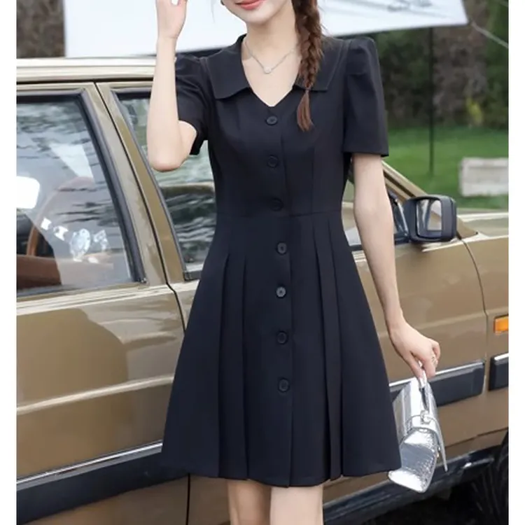 洋气时尚气质纯色收腰连衣裙女2025夏季新款小个子短袖百褶A字裙