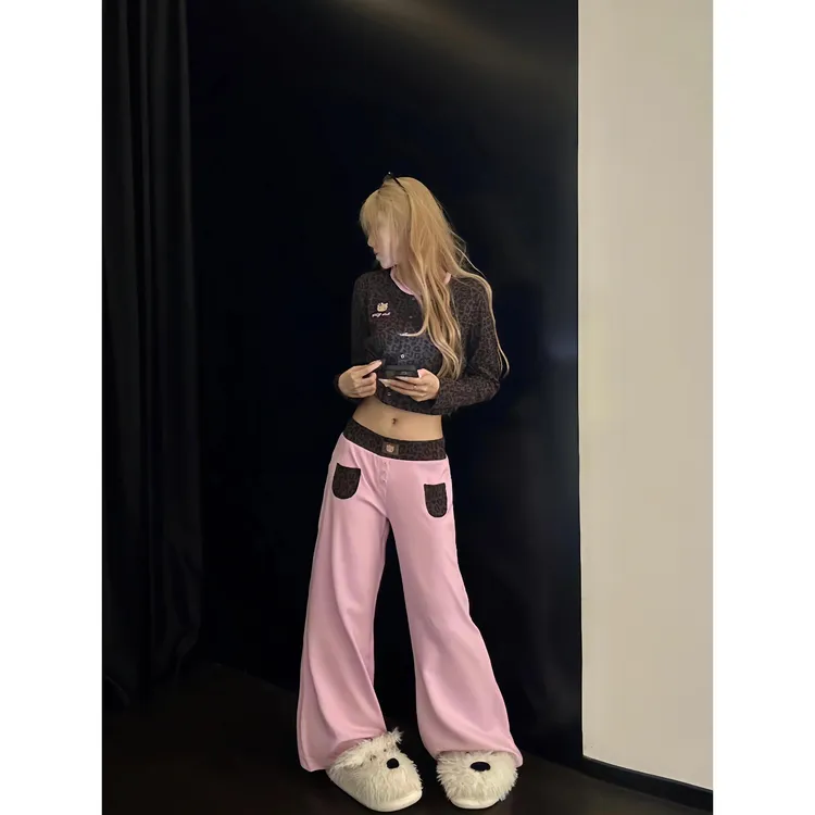 甜酷豹纹黑皮kt修身显瘦睡衣女春秋新款长袖长裤家居服套装可外穿