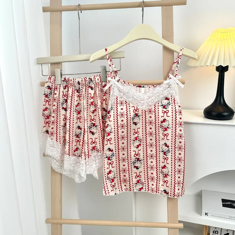 冰丝吊带睡衣女款爆款2025新款夏季kt猫带胸垫家居服套装可外穿