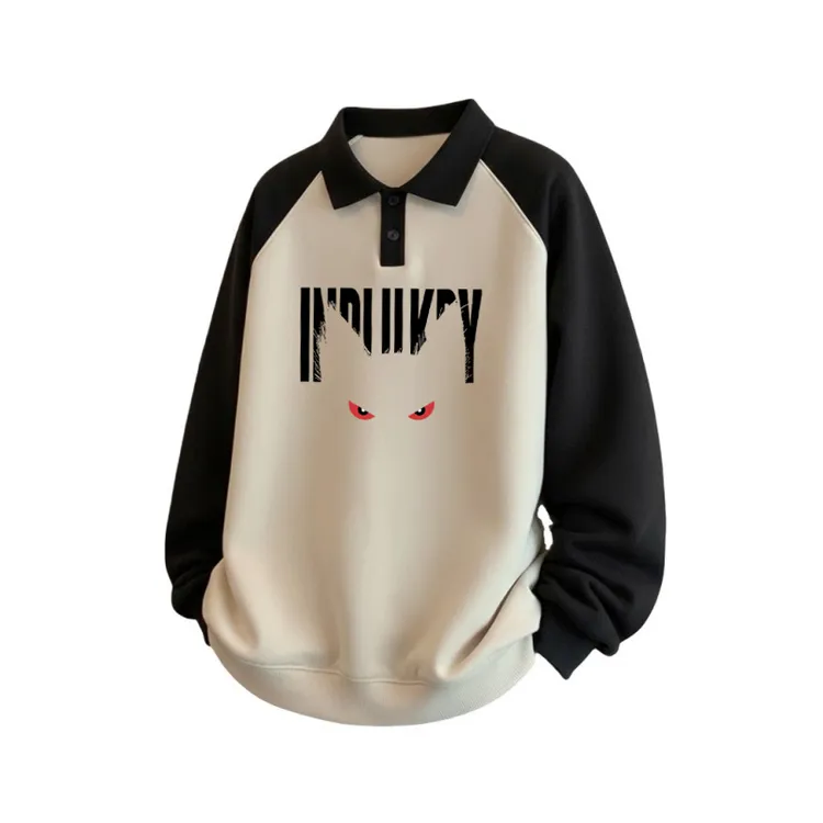 潮牌男生秋冬加绒加厚拼色卫衣美式翻领polo衫长袖保暖上衣青少年