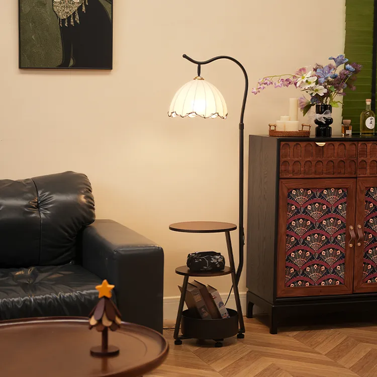 中古风落地灯客厅沙发边几法式复古床头柜置物架一体卧室立式台灯