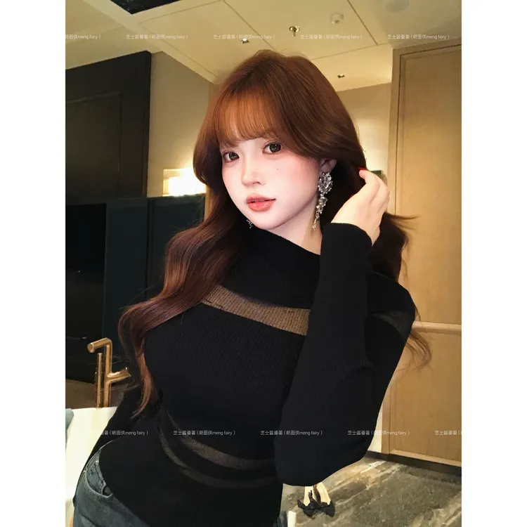 萌面侠【纯欲战神】纯欲修身显瘦拼接网纱镂空长袖毛织上衣7148M