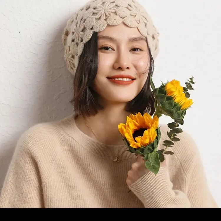 羊绒纯手工勾花帽休闲风春季冬季帽子日系保暖气质圆顶秋冬秋季