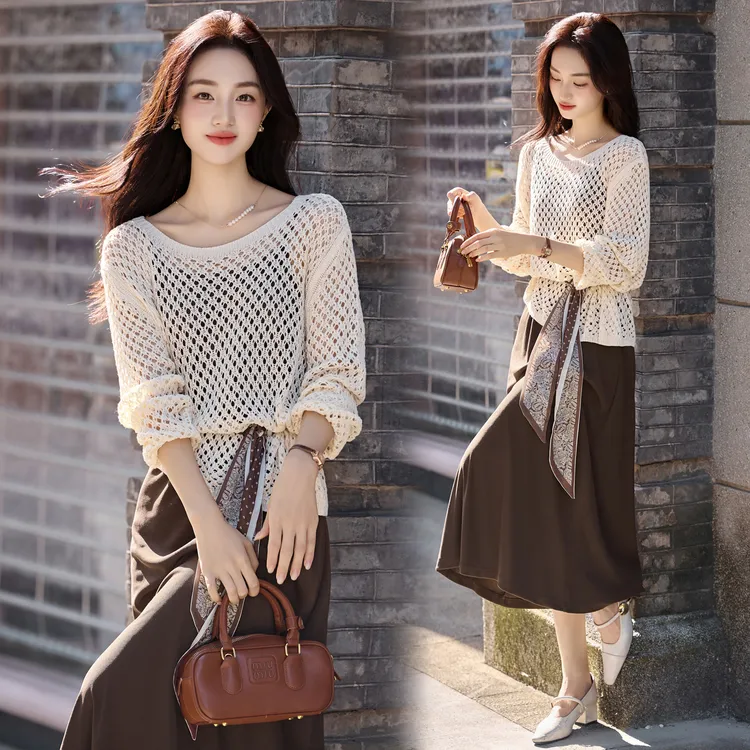 复古港风I慵懒风时尚套装春秋女装2025新款镂空吊带裙韩版休闲