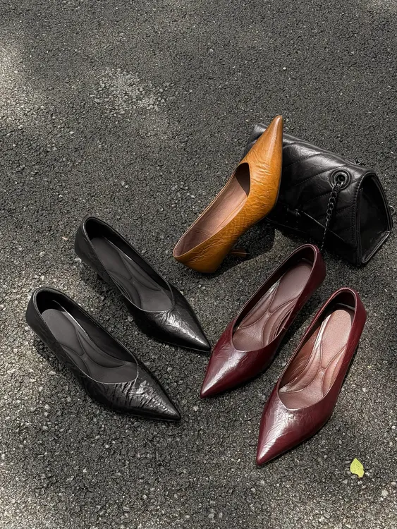 2025秋季里外真皮女鞋轻职风单鞋高跟纯色软底百搭尖头浅口时尚