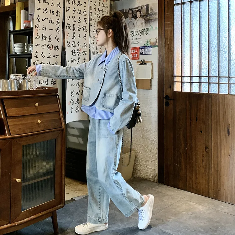 浅蓝色拼接假两件牛仔套装女2025秋季新款复古韩风时髦减龄两件套