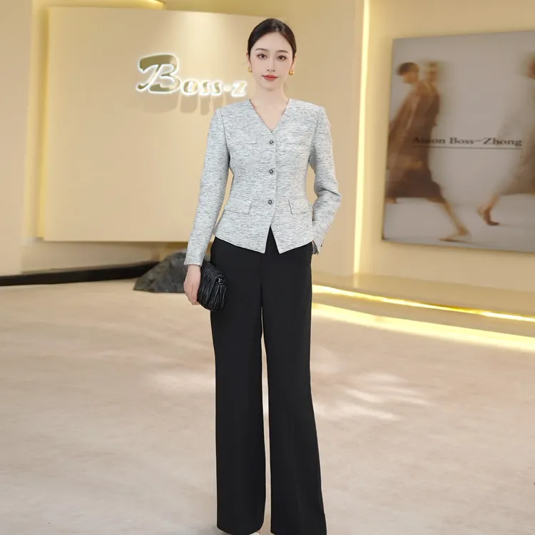钟老板 小香风外套女25早秋新款法式设计感复古V领上衣裤子两件套