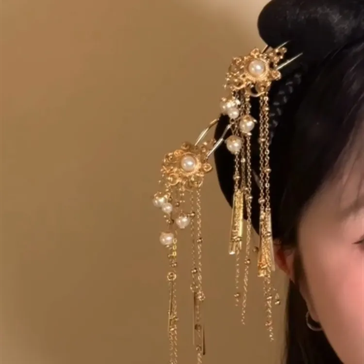 新中式珍珠流苏发钗复古国风汉服旗袍步摇后脑勺簪子百搭发簪头饰