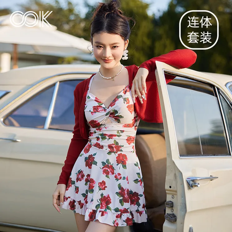 OOK复古碎花连体印花女士泳衣显瘦遮肚收腰新款裙式女泳两件套