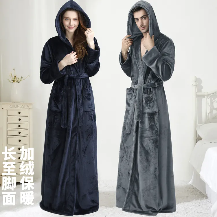 情侣加厚保暖长款到脚法兰绒睡袍女冬男大码珊瑚绒浴袍连帽睡衣秋
