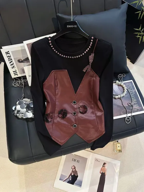 ZHOUYI/周一 2025秋冬黑色圆领时尚设计上衣百搭显瘦修身高级套装