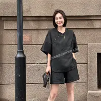 年终大促 新中式休闲宽松暗纹提花上衣+短裤国风两件套装25625Y1 