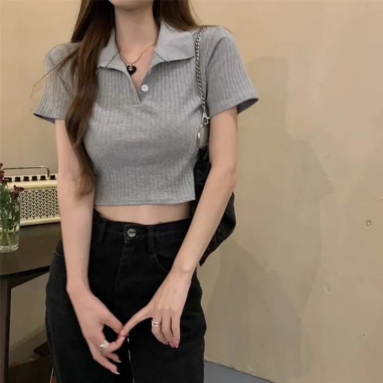 正肩短袖女夏款灰色辣妹露脐inspolo衫短款v领修身显瘦冰丝薄上衣