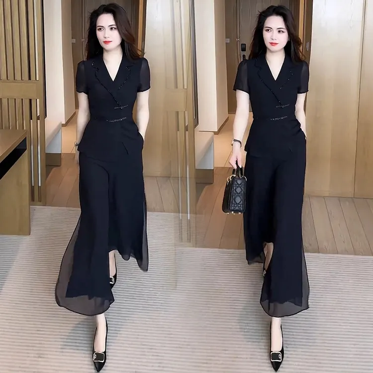 夏季衬衣套装女士2025黑色新款洋气显瘦V领短袖阔腿裤气质两件套