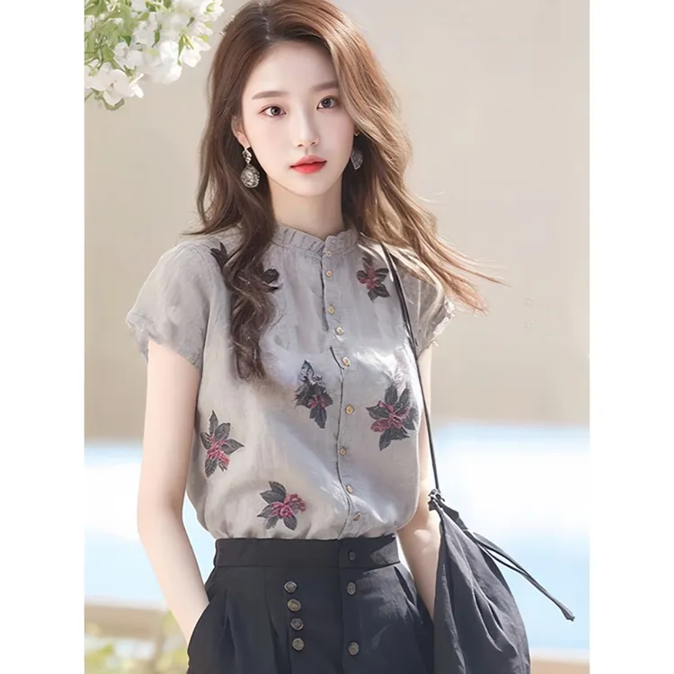 【店铺热销】别致立领洋气短袖衬衫中国风新款夏季印花设计感气质
