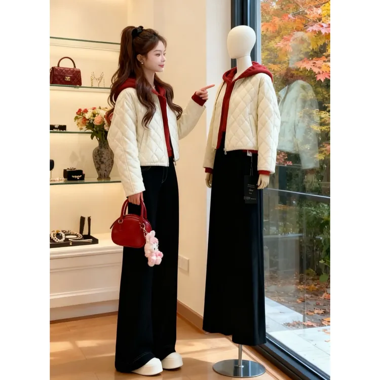 法式时尚女装2026春季时尚减龄菱形格棉衣冬季搭配一整套女两件套