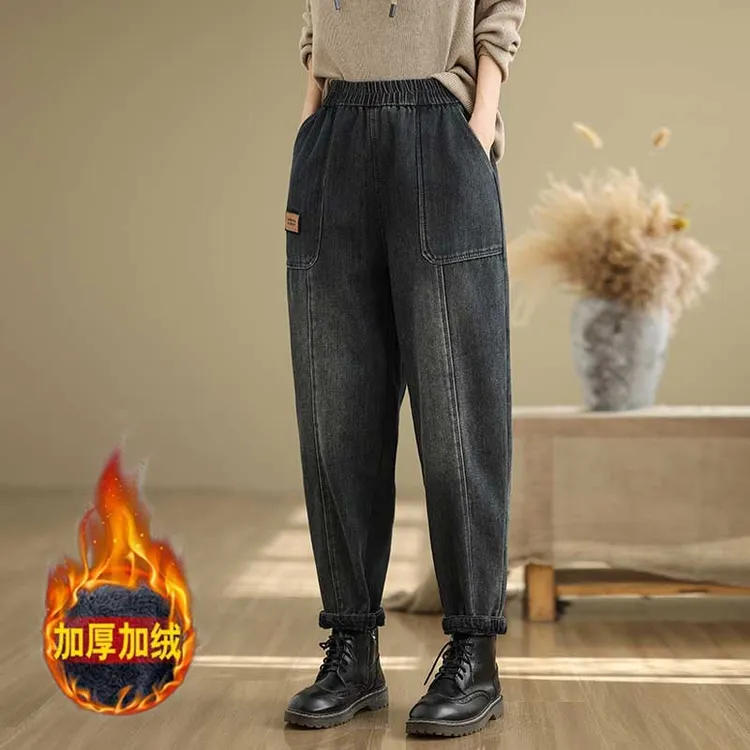 秋冬新款加绒加厚时尚简约百搭大口袋牛仔裤哈伦裤高腰显瘦长裤子