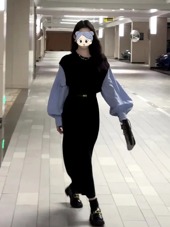 韩系慵懒设计感条纹拼接连衣裙女2025秋季新款撞色假两件长款裙子