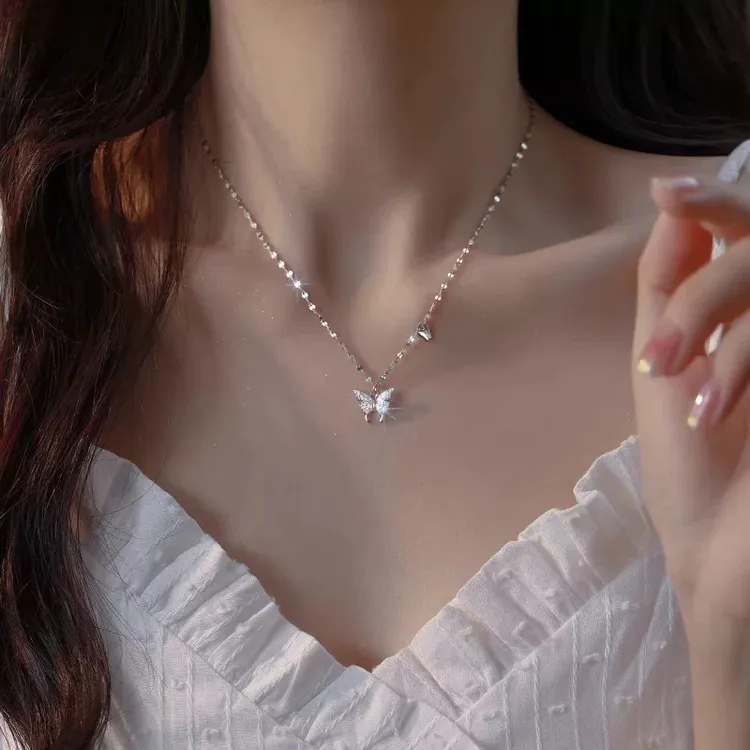 坠链均足银 999纯银蝴蝶项链女款轻奢锁骨链生日礼物情人节送女友