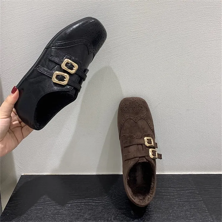 内增高！时尚复古方头加绒单鞋乐福鞋2025冬布洛克风英伦小皮鞋女