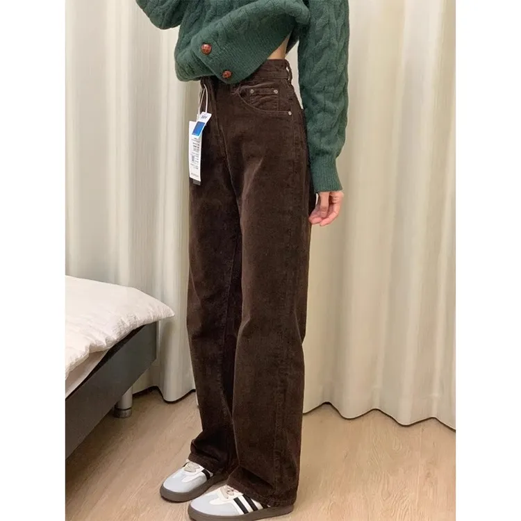 棕色灯芯绒裤子大码胖mm窄版直筒阔腿裤女梨型身材咖色高腰休闲裤