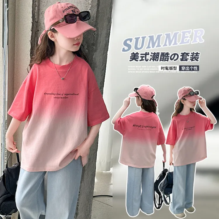 女童夏季渐变短袖T恤套装2025新款时髦牛仔阔腿长裤中大童两件套L