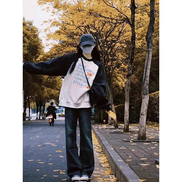 茵叠2025新款美式慵懒圆领大码宽松拼接撞色插肩长袖卫衣女情侣装