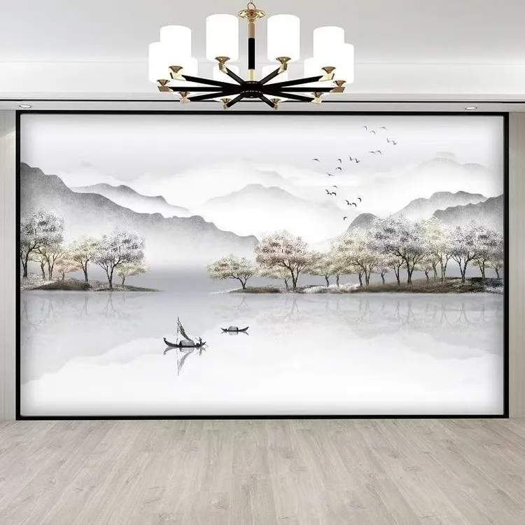 2025复古新中式水墨山水电视背景墙壁画客厅壁布茶室装饰环保墙纸