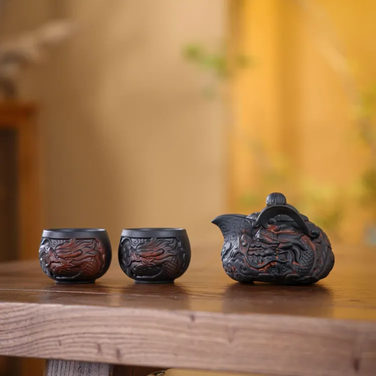 紫陶飞龙手抓壶大号泡茶壶建水复古堆雕手工便携式旅行紫陶手抓壶商品图