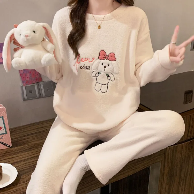 珊瑚绒睡衣女秋冬季加厚卡通可爱长袖可外穿冬天半边绒家居服套装