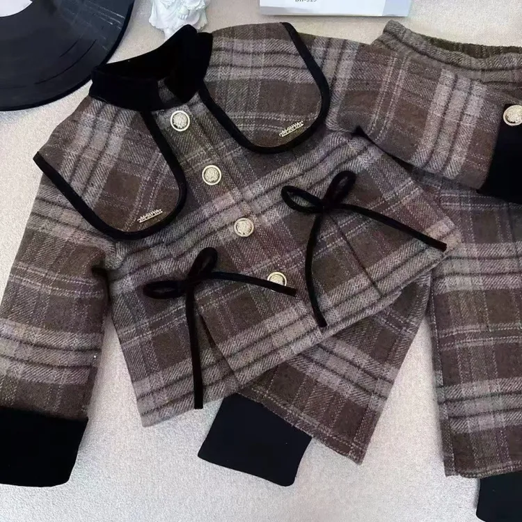 女童套装新款韩版冬季加厚保暖小香风蝴蝶结上衣假两件裤子6773