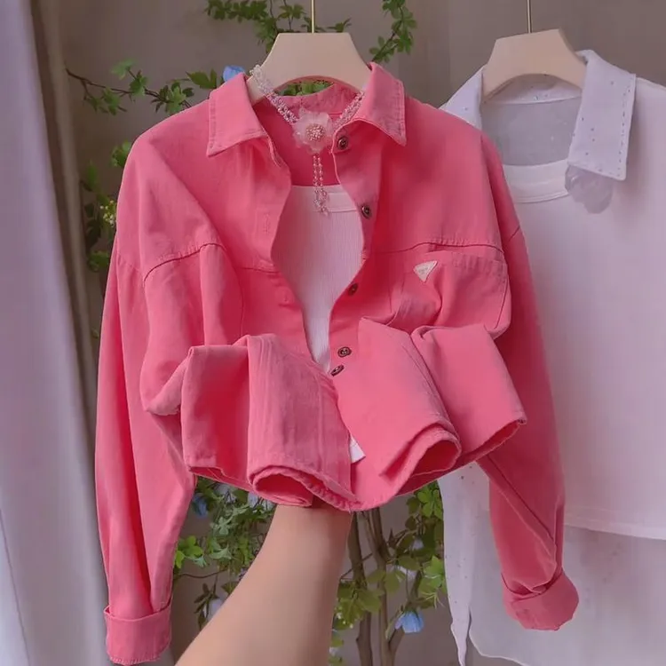 玫红色甜美小个子Polo领衬衫女2025韩版宽松休闲衬衣上衣短款外套