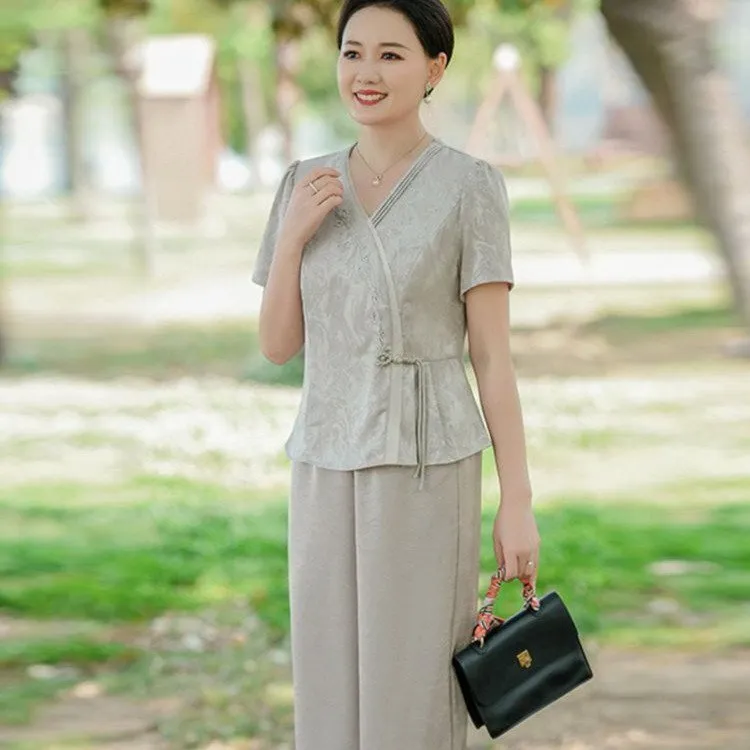 遮肉国风裤子新中式胖MM九分裤法式常规款纯色中老年女装大码时尚