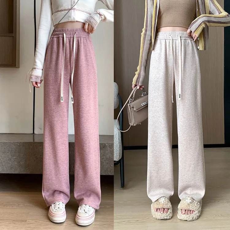 薄款H323仿羊绒阔腿裤女秋冬新款高腰显瘦直筒裤垂感糯米裤加绒休