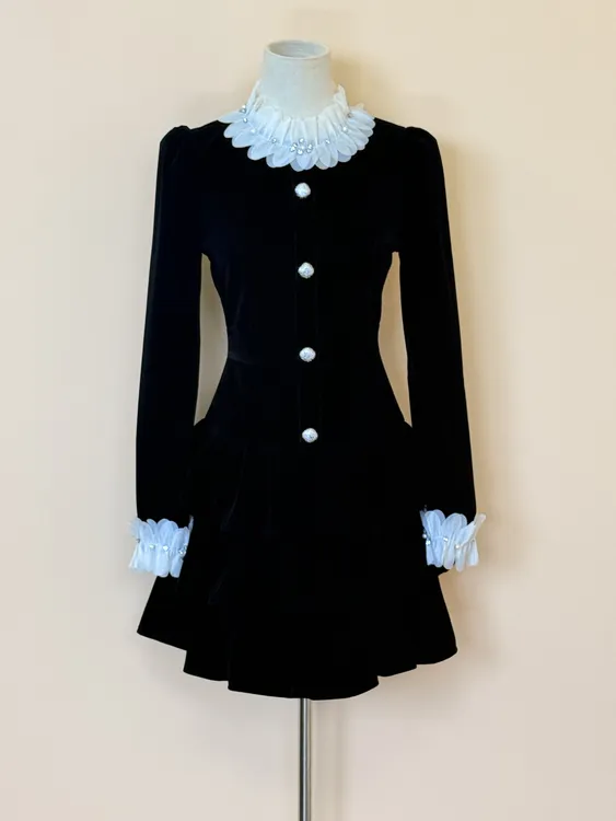 【十六定制】少女减龄风收腰长袖修身气质连衣裙显瘦名媛秋冬21995