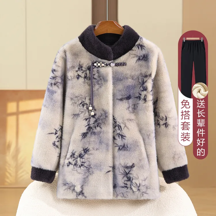 奶奶冬装加绒加厚棉袄中老年人女妈妈立领保暖棉服老太太棉衣外套