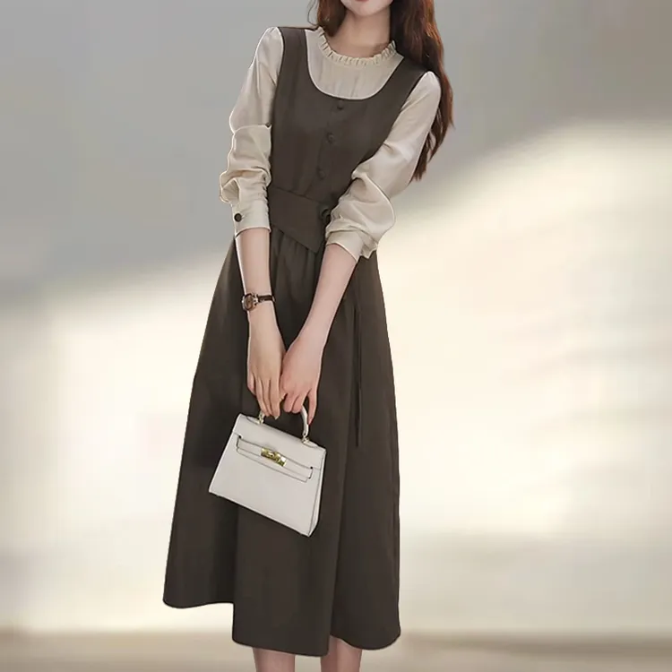 日常通勤休闲风假两件拼接连衣裙秋季新款大码遮肉显瘦收腰款长裙