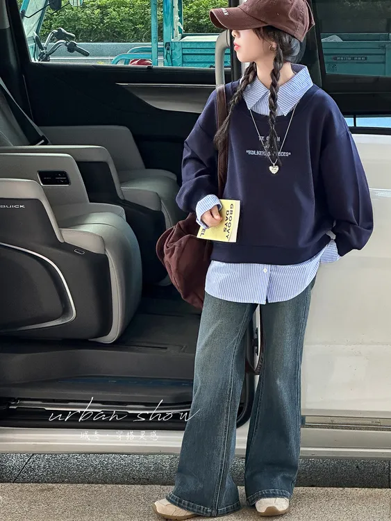 女童时髦卫衣套装春秋2025新款女大童韩系穿搭儿童秋季假两件上衣