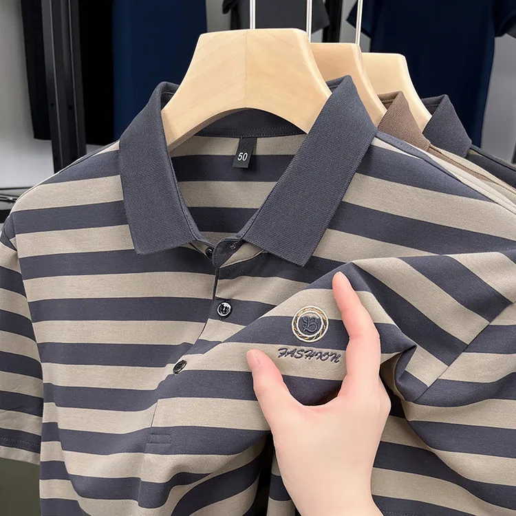 纯色水洗短袖翻领T恤半袖男士时尚中年条纹薄款夏季修身