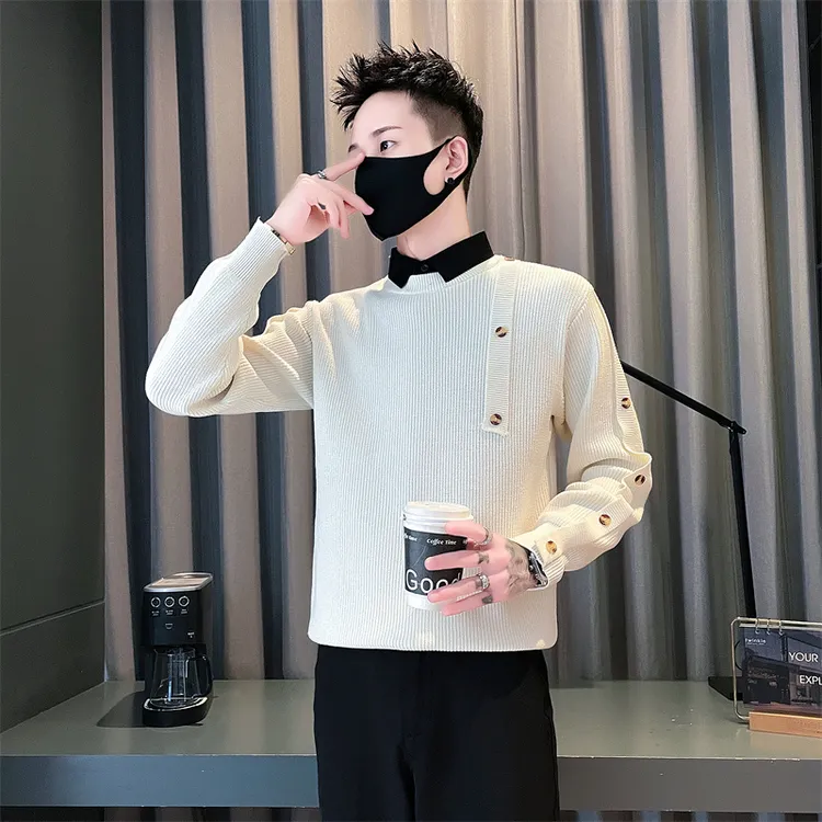 假两件排扣毛衣男潮牌衬衫领内搭线衣2025新款痞帅修身打底针织衫