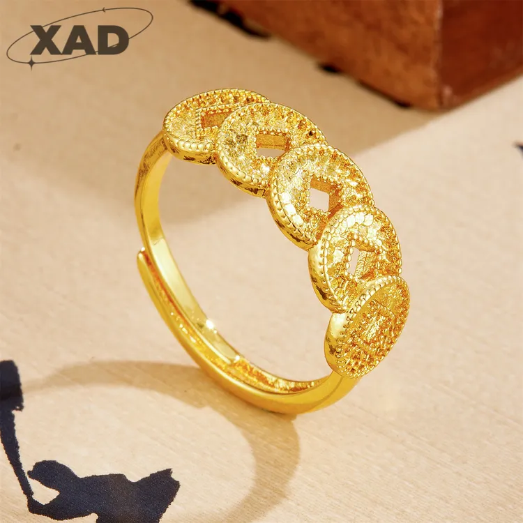 铜合金戒指 五帝钱可调节精致爆闪戒指适合女士佩戴国风铜钱指环