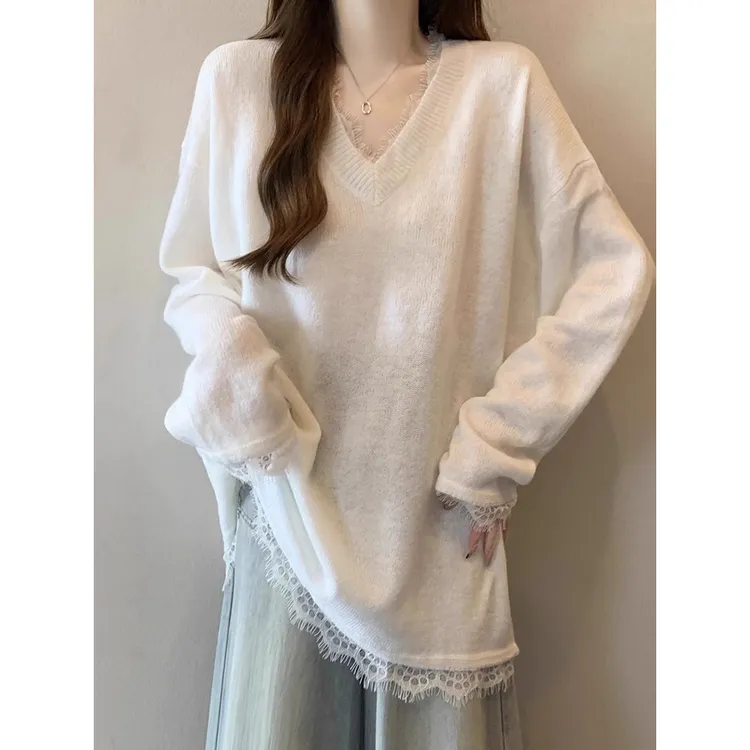VUMP 法式蕾丝V领针织衫白色毛衣女秋冬大码胖mm中长款打底衫上衣