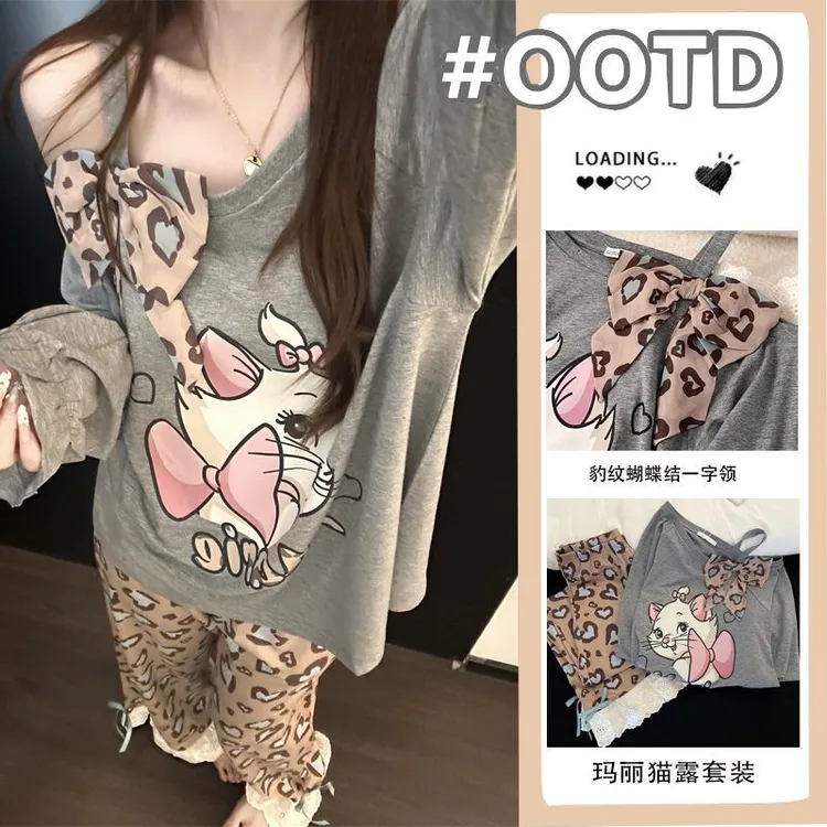 可爱玛丽猫露肩长袖睡衣女2026新款春秋季豹纹长裤家居服大码套装