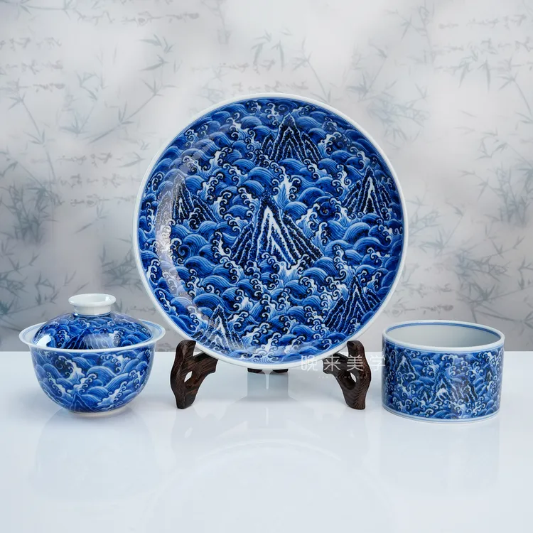 松风馆仿明永宣江崖海水主人杯盖碗壶承景德镇纯手工手绘中式茶具