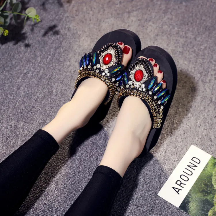 白枕鹤摇摇底凉鞋民族色厚风名族风夏款坡跟波西米亚