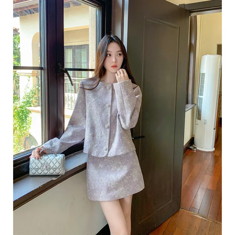 GERTCOREL2025新款春秋季法式重工刺绣外套短裙小香风千金套装女