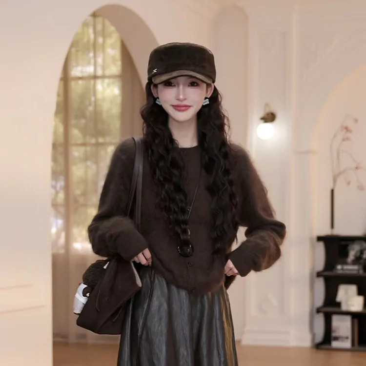 【YANYAN】咖色毛衣开衫女秋季新款慵懒风百搭长袖针织衫外套8865